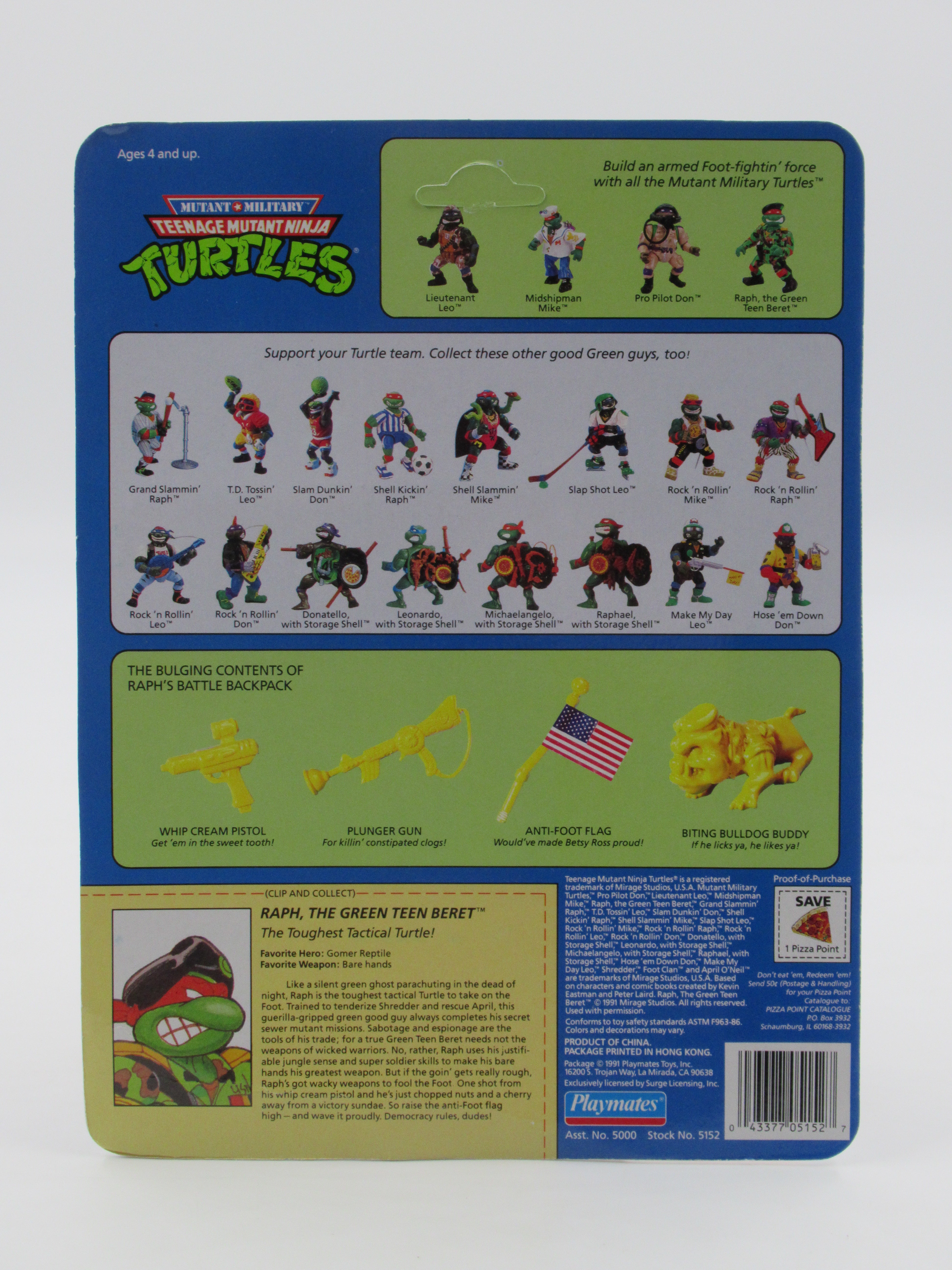 Teenage Mutant Ninja Turtles Raph, the Green Teen Beret Mutant Military Figure TMNTs - Playmates (1991)